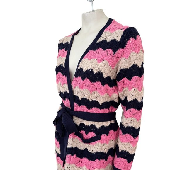 LAURIE FELT Pointelle Knit Belted Duster Cardigan  Navy Pink Beige SZ MP - Picture 5 of 13